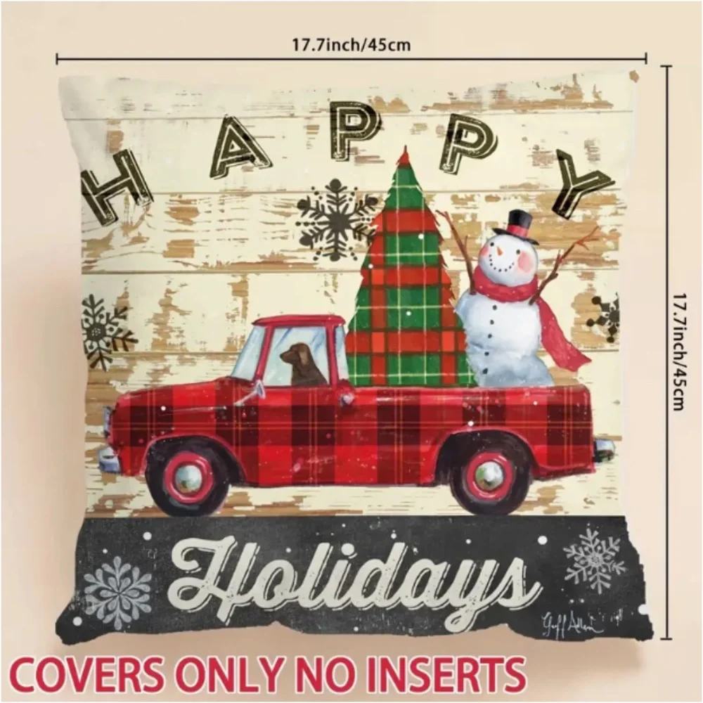 NEW HAPPY HOLIDAYS VTG TRUCK DOG SNOWMAN FARMHOUSE POLYESTER PILLOW COVER 17.7